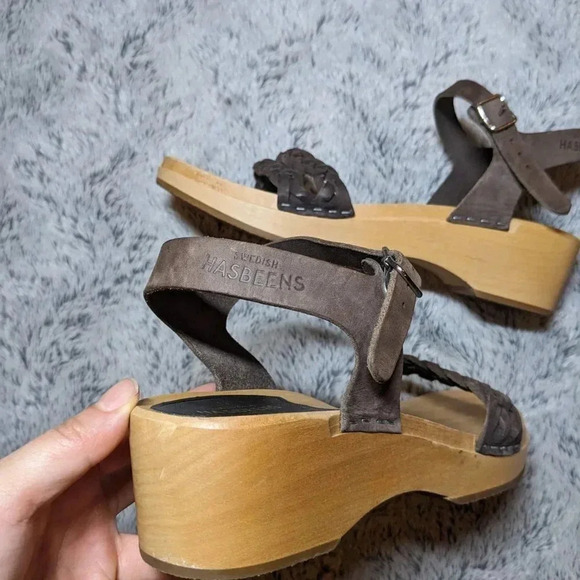 Swedish Hasbeens Brown Sandals Tan Wooden Leather Open Toe Clogs Size 40 US 10 - Picture 7 of 12